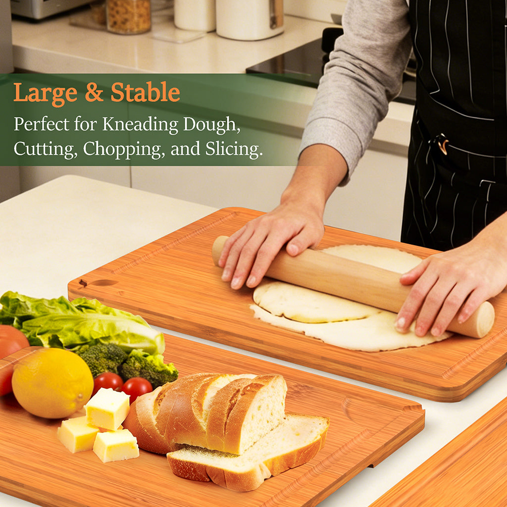 Cutting Boards for Kitchen,Bamboo Cutting Board Set of 2, Large and X-Large Carbonized Chopping Boards with Deep Juice Grooves and Handles for Meat, Bread, Dough Kneading and Cheese