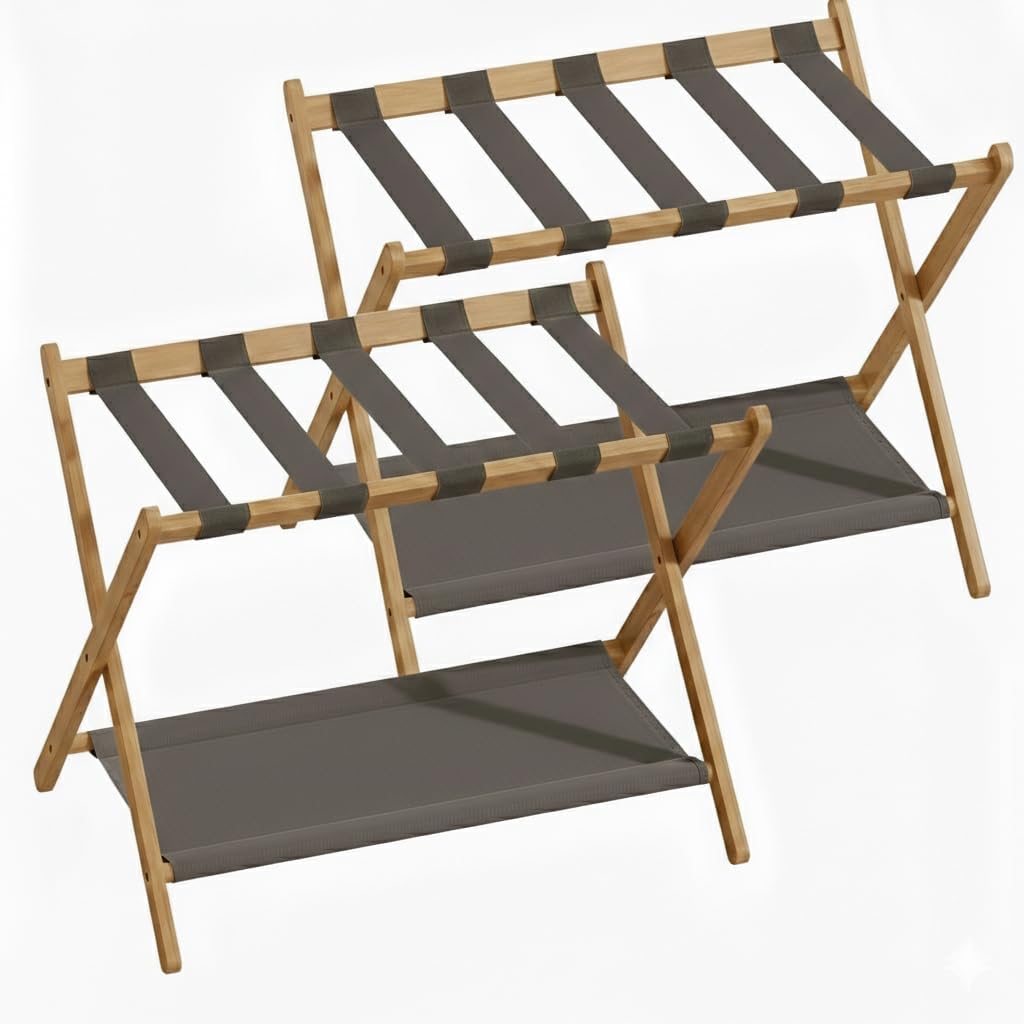 2 Pack Bamboo Luggage Rack for Guest Room, 26.77" Folding Wide Suitcase Stand with Fabric Storage Shelf, Thickened Luggage Stand Holder for Bedroom Hotel, Luggage Rack for Suitcases (2 Pack - Tea brown)