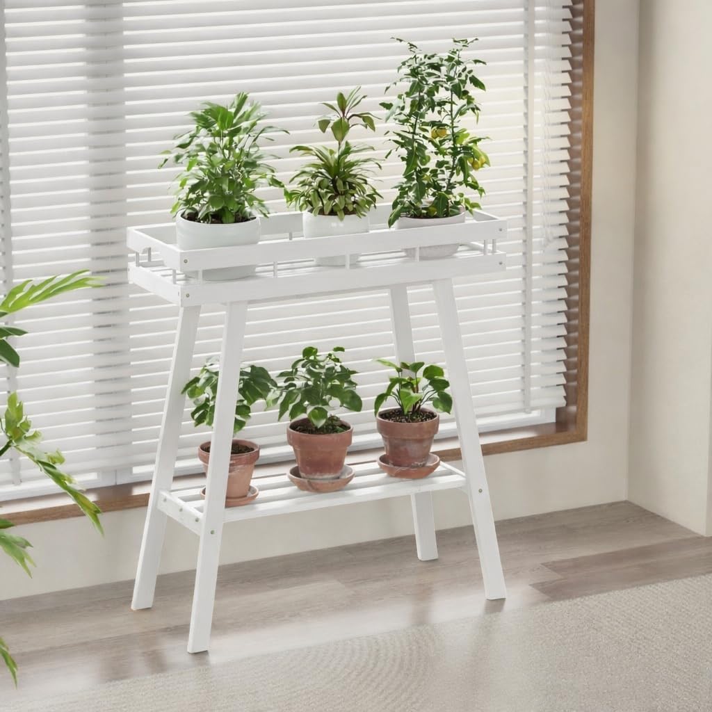 Bamboo Plant Stand Indoor, 2 Tier Small Plant Table, Tall Plant Stand for Indoor Plants, Window Sill Plant Shelf, Flower Pot Holder Plant Bench Plant Rack for Living Room, White