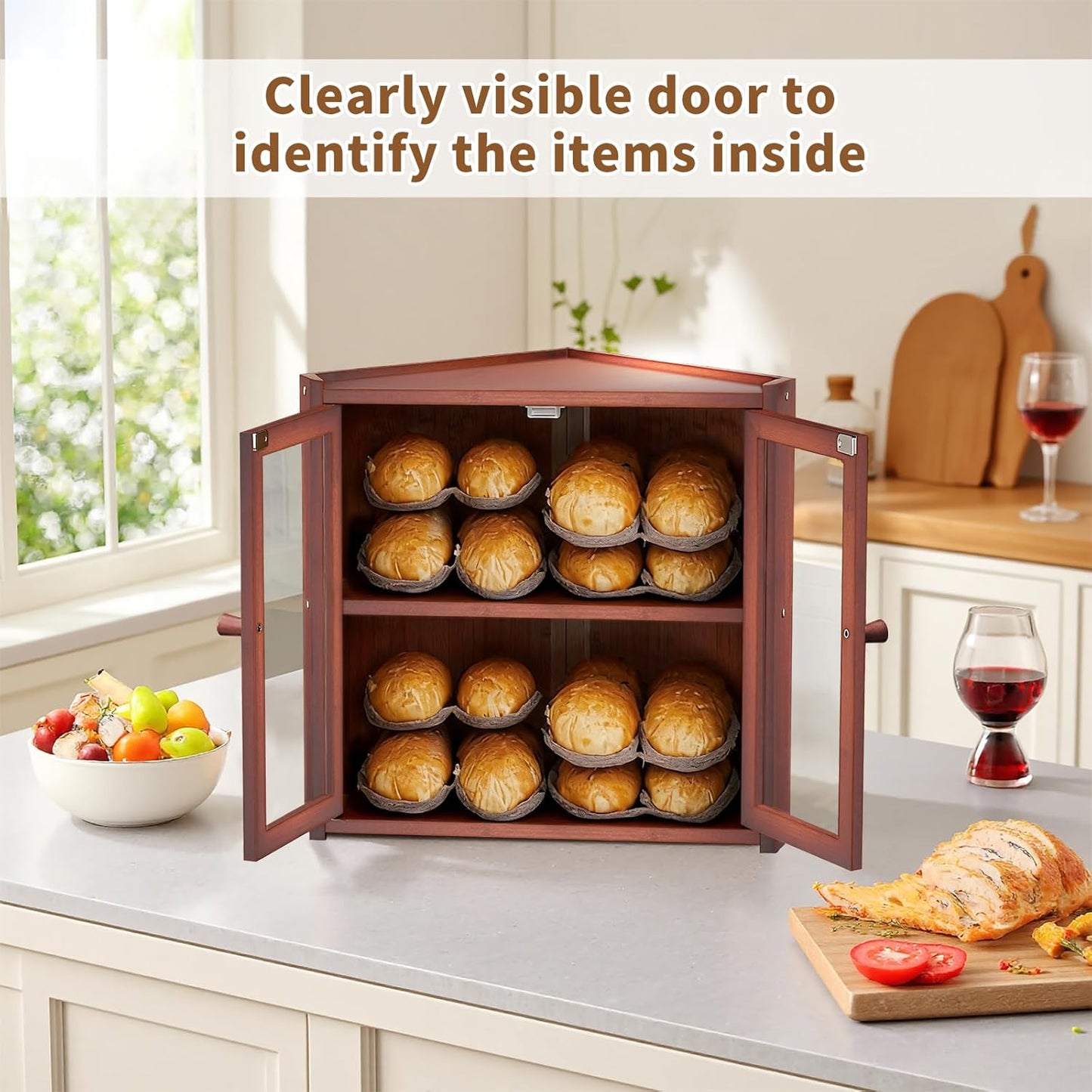 Bread Box, Double Layer Bamboo Bread Bin for Homemade Bread Bakers and Corner Kitchen Countertop with Double Doors, Not Suitable for Oversized Loaves, Brown