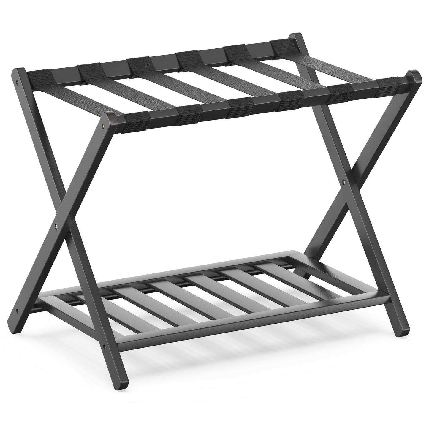 Bamboo Luggage Rack for Guest Room, Wide Suitcase Stand with Storage Shelf, Folding Luggage Stand Holder for Bedroom Hotel, 26.77" Thickened Luggage Rack for Suitcases, Black
