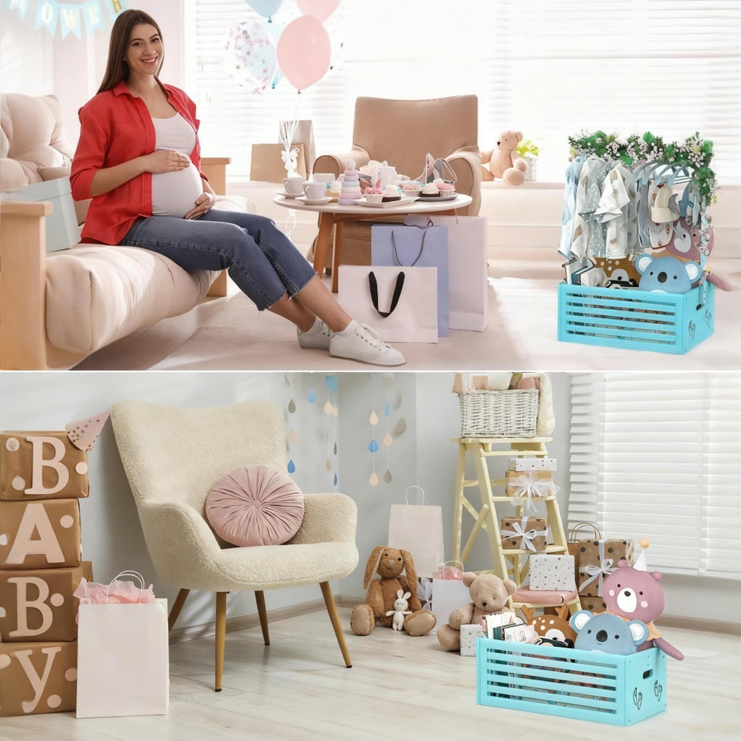 Baby Shower Crate Closet, Baby Baskets with Hangers Handle, Baby Crate Box for Baby Shower, Welcome Gift Basket for Newborn Baby, Pregnancy Gift for New Parents (Blue, Large Size)
