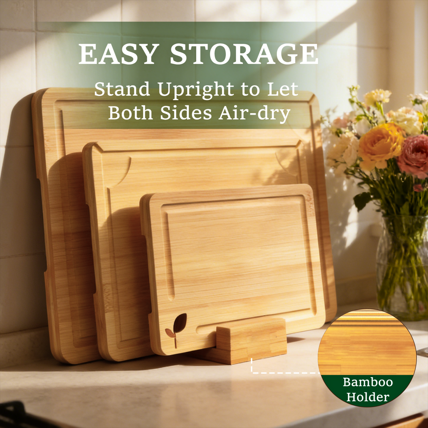 Cutting Boards for Kitchen, Bamboo Cutting Board Set of 3 with Storage Stand, Carbonized Chopping Boards with Deep Juice Grooves and Handles for Meat, Bread, Dough Kneading and Food Prep