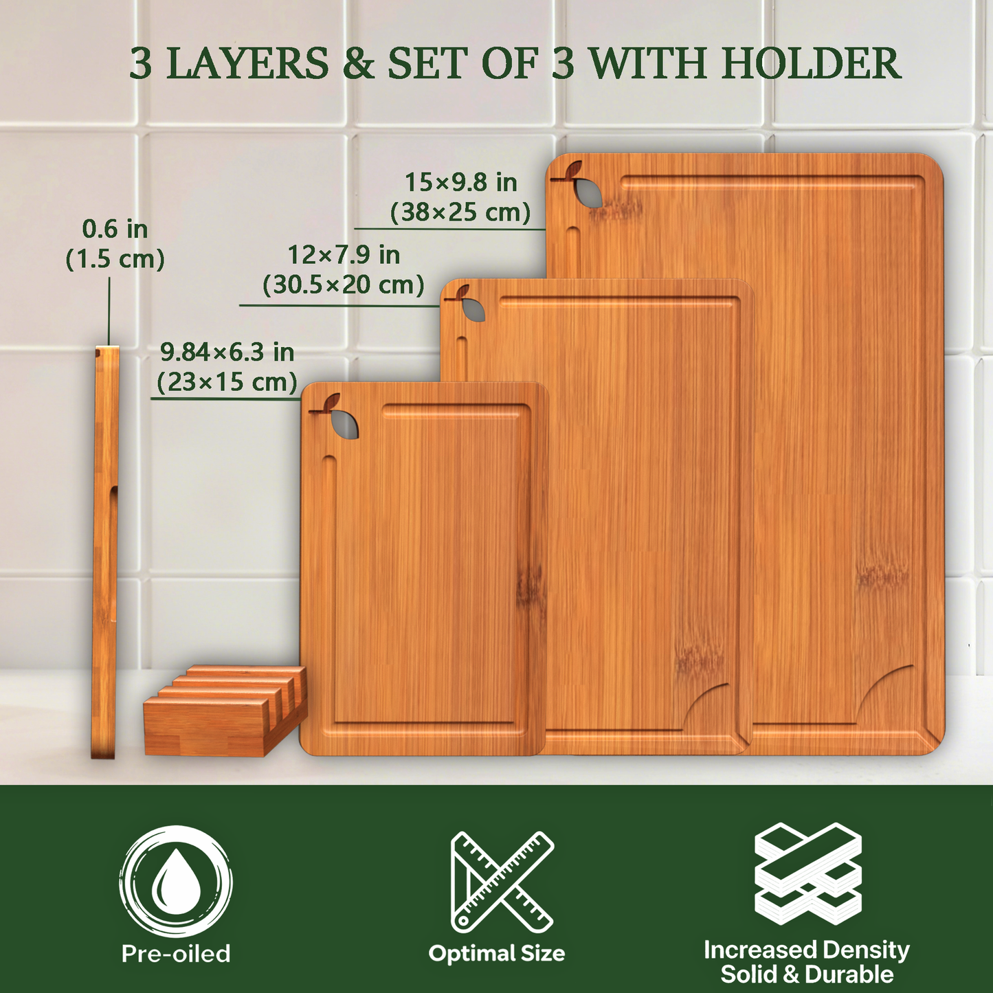 Cutting Boards for Kitchen, Bamboo Cutting Board Set of 3 with Storage Stand, Carbonized Chopping Boards with Deep Juice Grooves and Handles for Meat, Bread, Dough Kneading and Food Prep