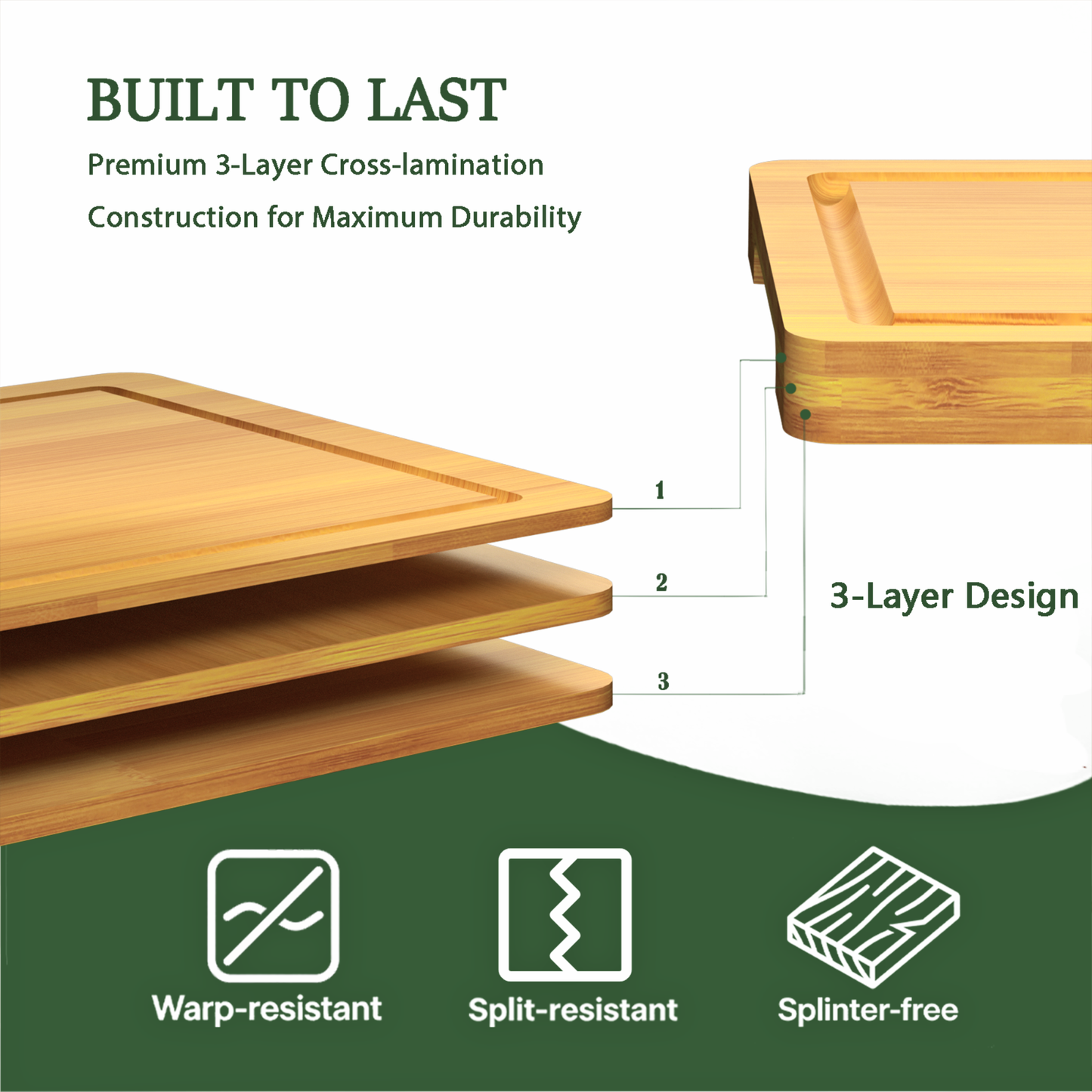 Cutting Boards for Kitchen, Bamboo Cutting Board Set of 3 with Storage Stand, Carbonized Chopping Boards with Deep Juice Grooves and Handles for Meat, Bread, Dough Kneading and Food Prep