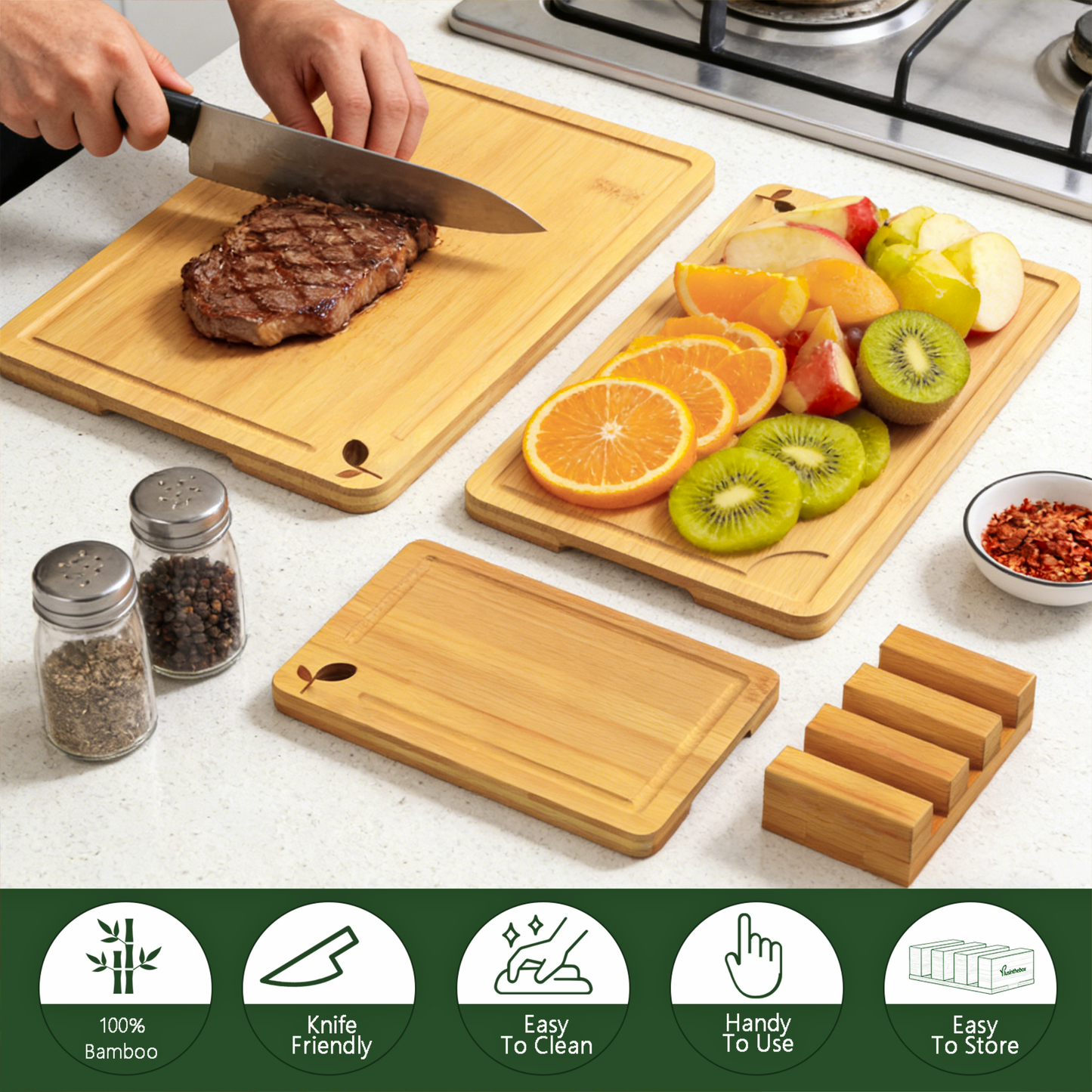 Cutting Boards for Kitchen, Bamboo Cutting Board Set of 3 with Storage Stand, Carbonized Chopping Boards with Deep Juice Grooves and Handles for Meat, Bread, Dough Kneading and Food Prep