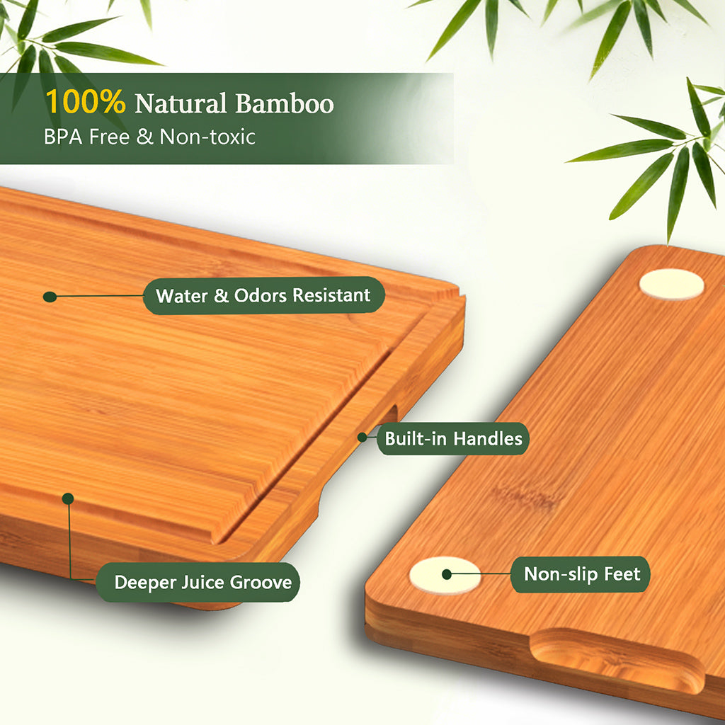 Cutting Boards for Kitchen,Bamboo Cutting Board Set of 2, Large and X-Large Carbonized Chopping Boards with Deep Juice Grooves and Handles for Meat, Bread, Dough Kneading and Cheese