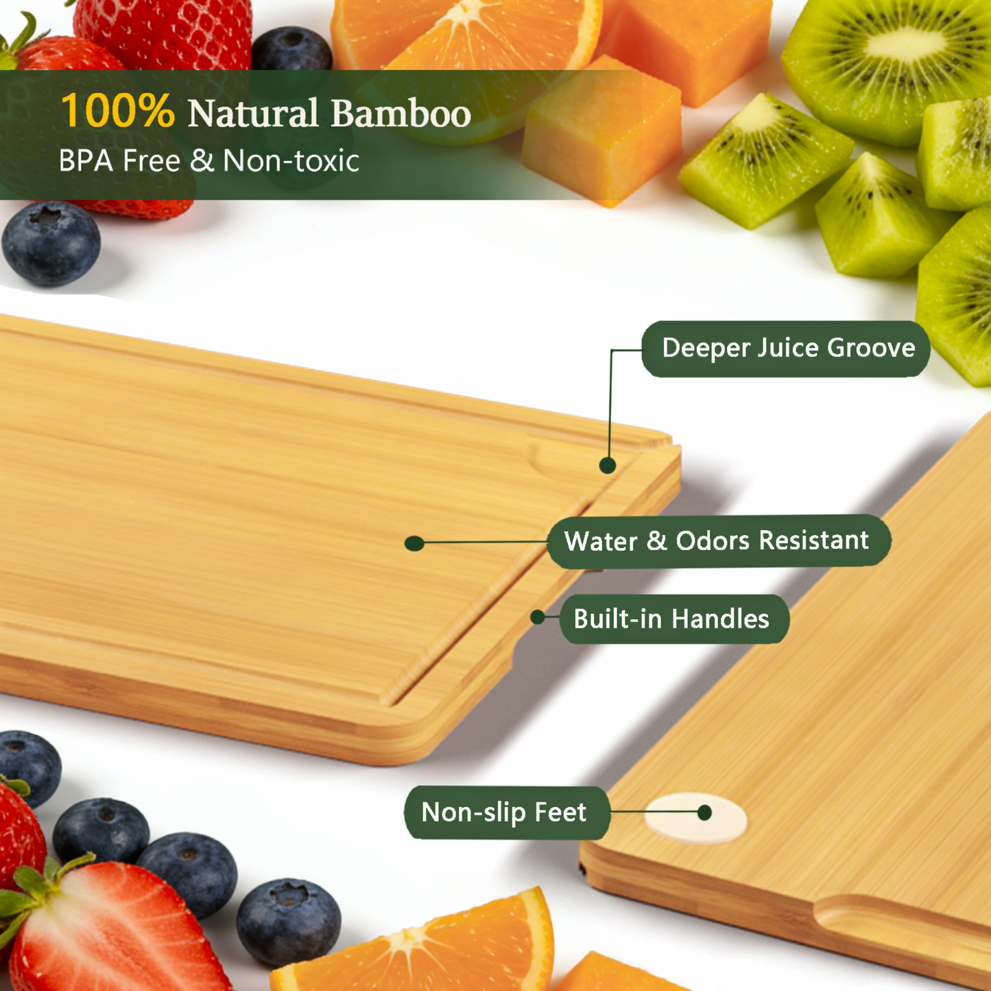 Cutting Board for Kitchen Meal Prep and Serving, Carbonized Bamboo Wood Butcher Block Chopping Board with Deep Juice Grooves and Side Handles for Meat, Bread, and Dough Kneading