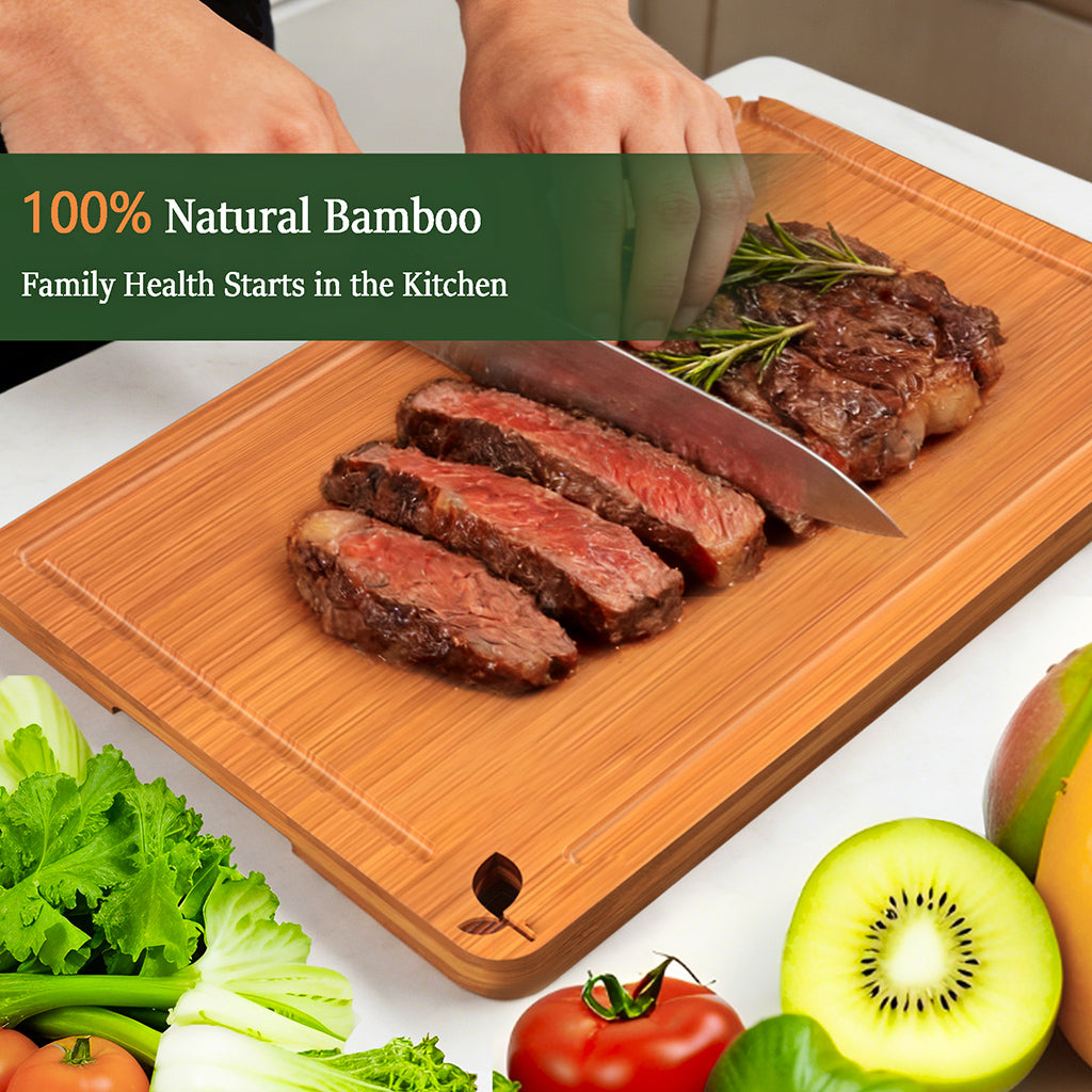 Cutting Board for Kitchen Meal Prep and Serving, Carbonized Bamboo Wood Butcher Block Chopping Board with Deep Juice Grooves and Side Handles for Meat, Bread, and Dough Kneading