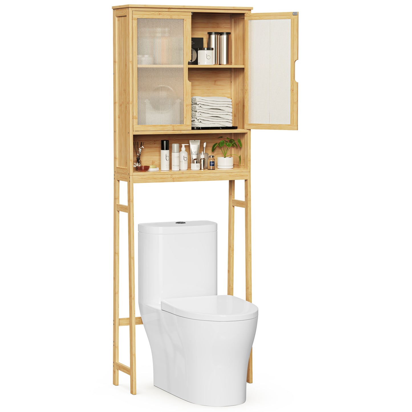 Over The Toilet Storage Cabinet, Bamboo Bathroom Over Toilet Storage Organizer with Adjustable Shelves and Double Doors, Above Toilet Storage Cabinet (Natural)