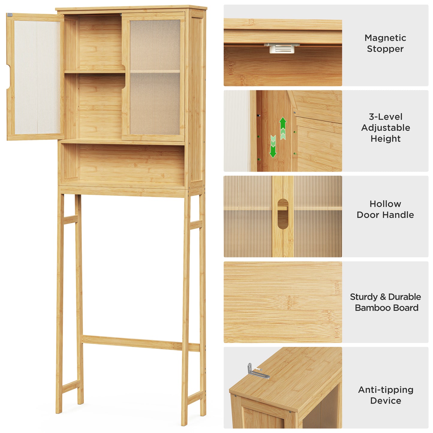 Over The Toilet Storage Cabinet, Bamboo Bathroom Over Toilet Storage Organizer with Adjustable Shelves and Double Doors, Above Toilet Storage Cabinet (Natural)