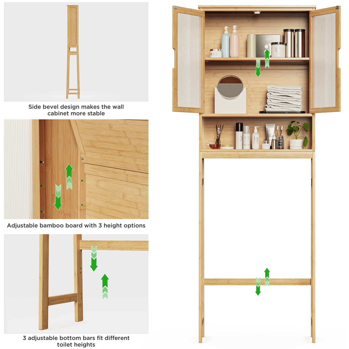 Over The Toilet Storage Cabinet, Bamboo Bathroom Over Toilet Storage Organizer with Adjustable Shelves and Double Doors, Above Toilet Storage Cabinet (Natural)