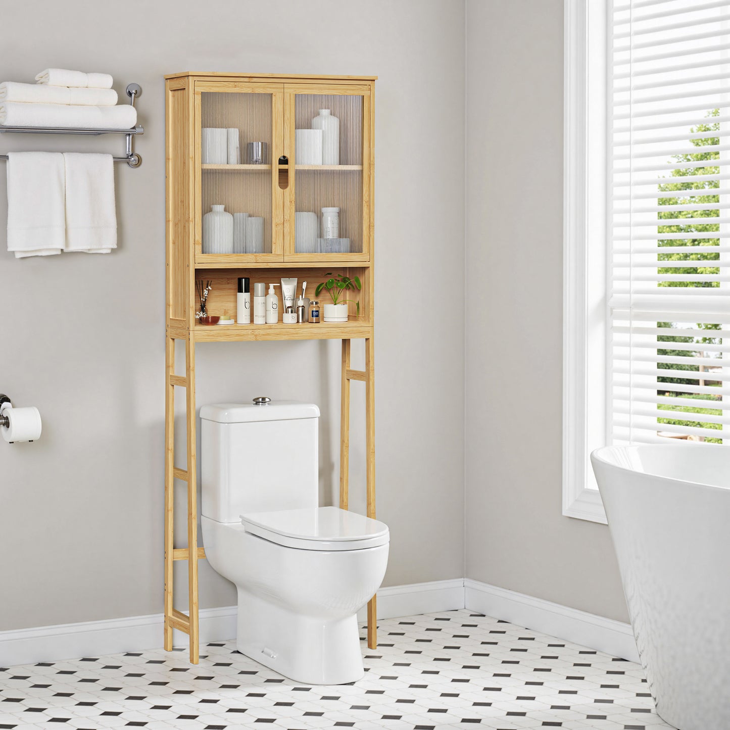 Over The Toilet Storage Cabinet, Bamboo Bathroom Over Toilet Storage Organizer with Adjustable Shelves and Double Doors, Above Toilet Storage Cabinet (Natural)