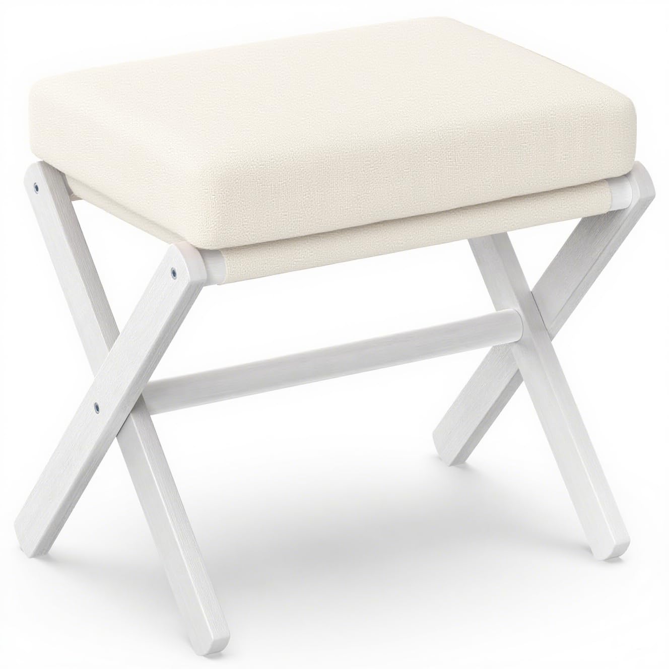 Foldable Foot Stool Ottoman, Modern Foot Rest with Bamboo X Legs & Thick Foam Cushion, Folding Foot Stools Small Padded for Bedroom Living Room, Footstool for Chair Couch (White - White)