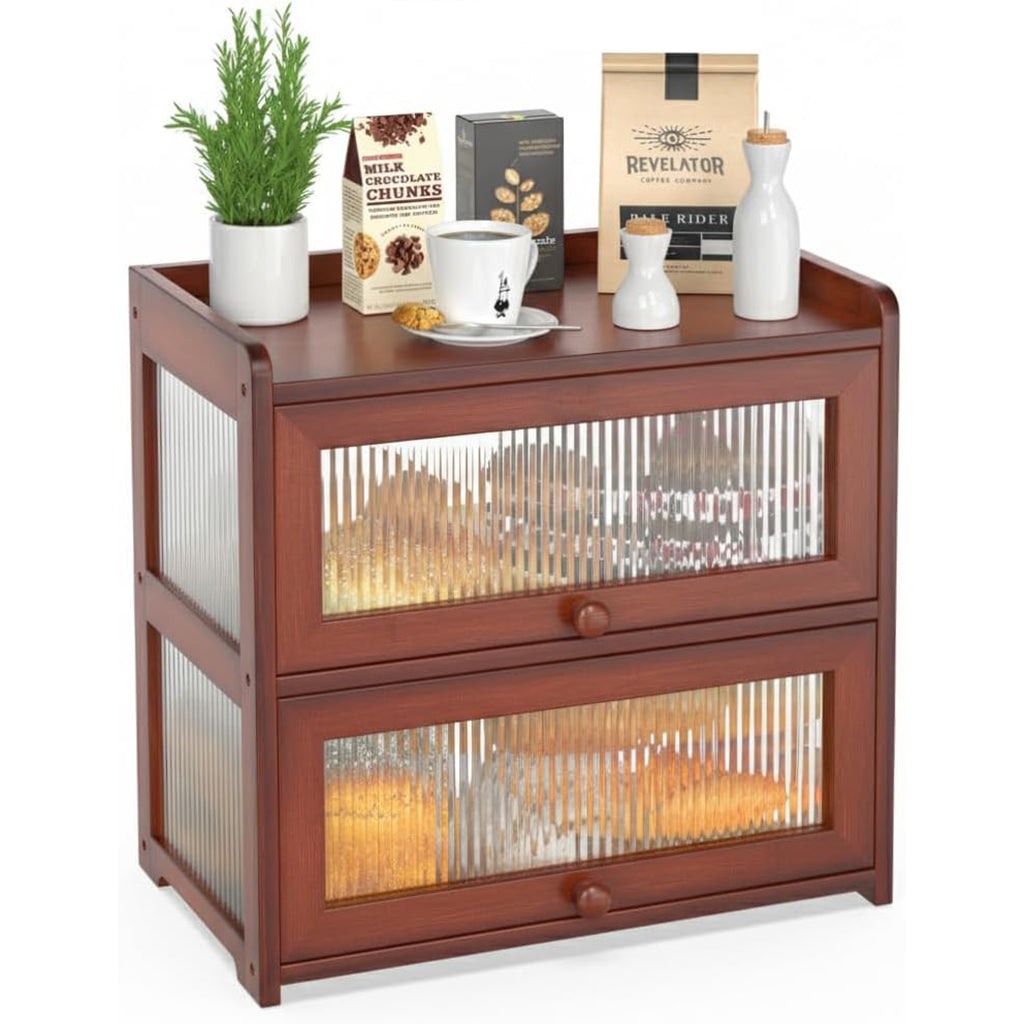 Extra Large Bamboo Bread Box for Kitchen Counter, Double Layer Bread Storage Container Farmhouse Bread Box with 4 Sides Transparency, Breadbox Bin Holder for Homemade Bread, Brown