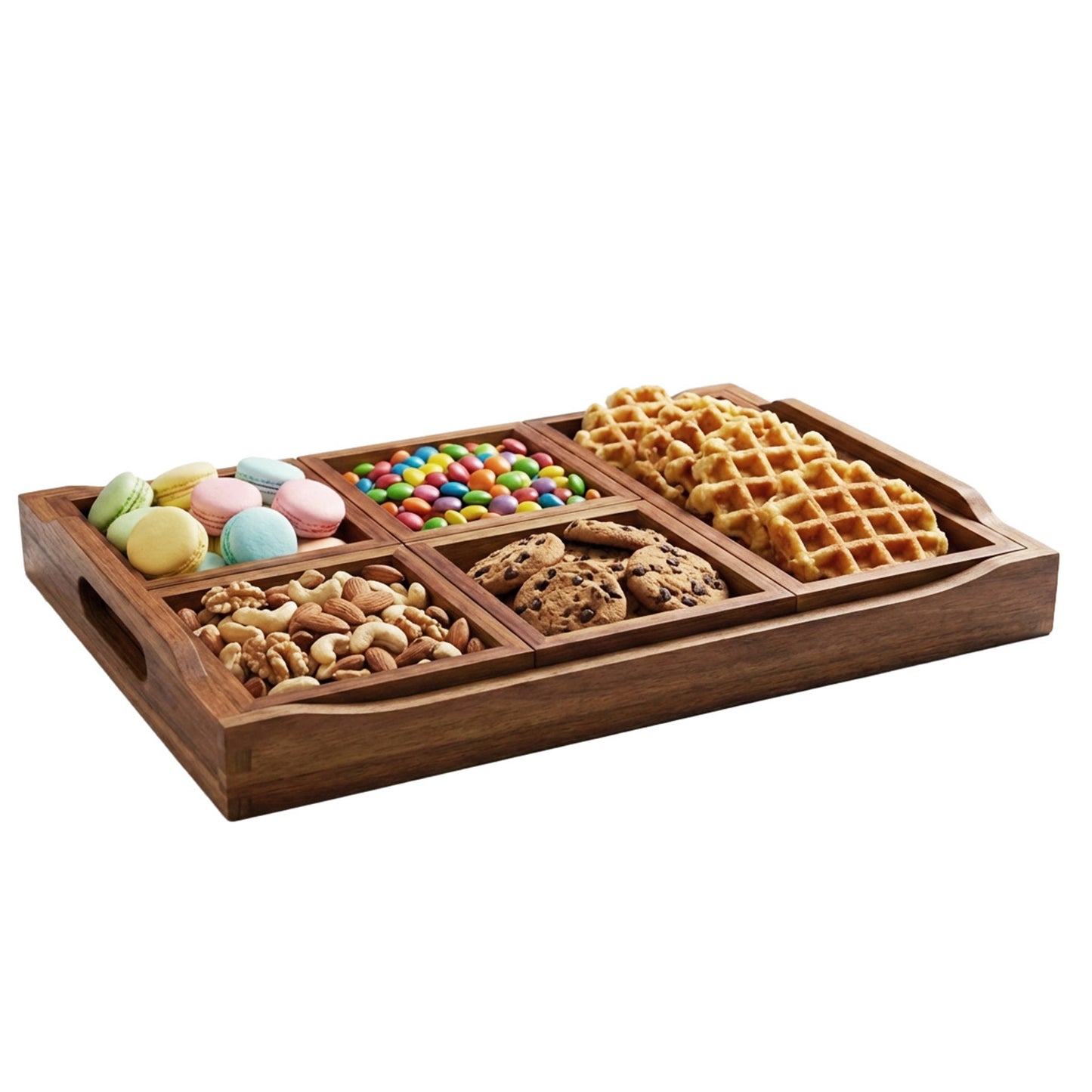Serving Tray with 5 Removable Snack Boxes,Acacia Wood Snack Tray for Parties and Entertaining, Movie Night, Coffee Table and Charcuterie Serving
