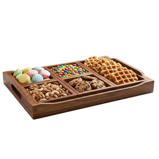 Serving Tray with 5 Removable Snack Boxes,Acacia Wood Snack Tray for Parties and Entertaining, Movie Night, Coffee Table and Charcuterie Serving