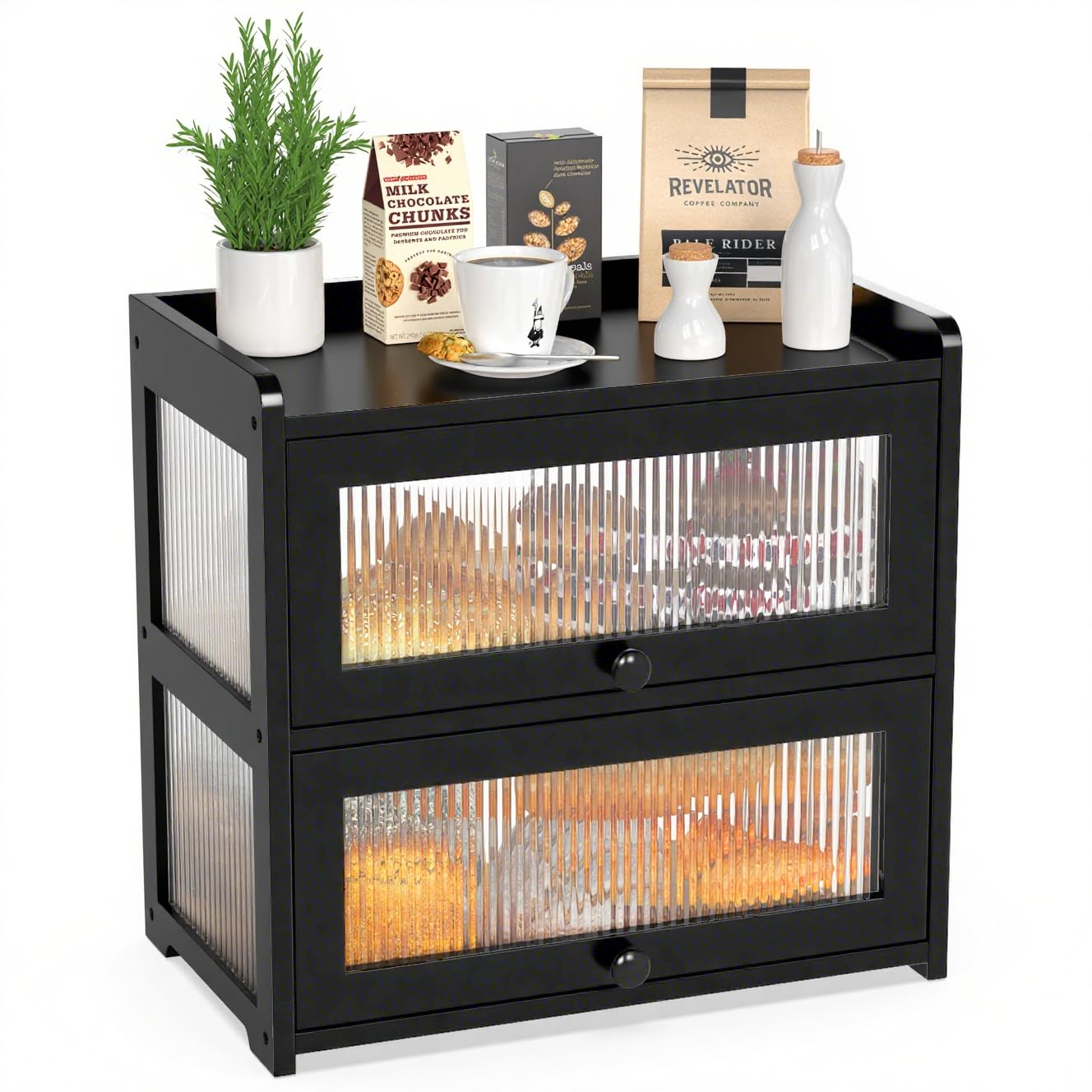 Extra Large Bamboo Bread Box for Kitchen Counter, Double Layer Bread Storage Container Farmhouse Bread Box with 4 Sides Transparency, Breadbox Bin Holder for Homemade Bread, Black