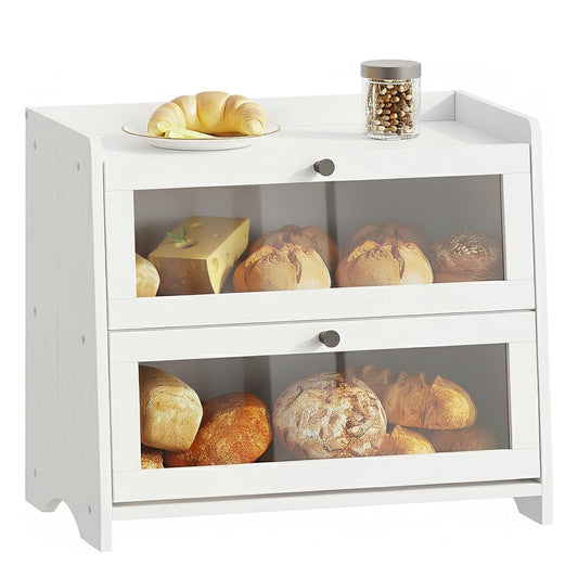 Bread Box for Kitchen Countertop, Extra Large Bamboo Bread Storage Container for Homemade Bread, Double Layer Sourdough Breadox, Bread Bin Organizer for Counter Cabinet Pantry, White