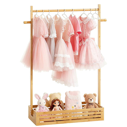 Adjustable Kids Clothing Rack with Storage Box – Bamboo Wardrobe Stand for Nursery & Playroom (Natural, Kids)
