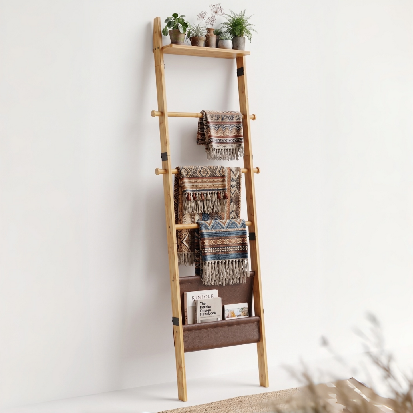 BAMBANG 71" 4-in-1 Blanket Ladder for Living Room, 5-Tier Leaning Bamboo Decorative Towel & Quilt Rack with Magazine Leather Pocket, 4 Removable Hooks, Space-Saving Shelf for Bedroom