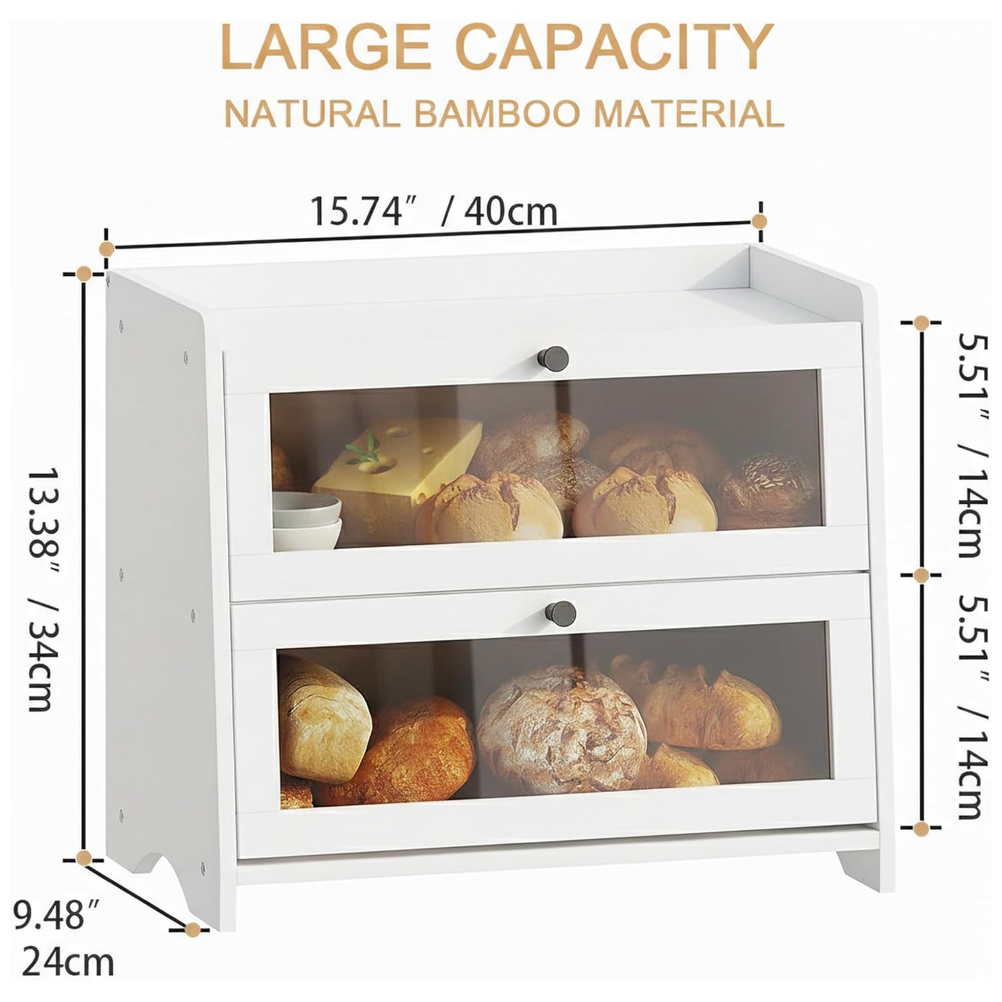 Bread Box for Kitchen Countertop, Extra Large Bamboo Bread Storage Container for Homemade Bread, Double Layer Sourdough Breadox, Bread Bin Organizer for Counter Cabinet Pantry, White