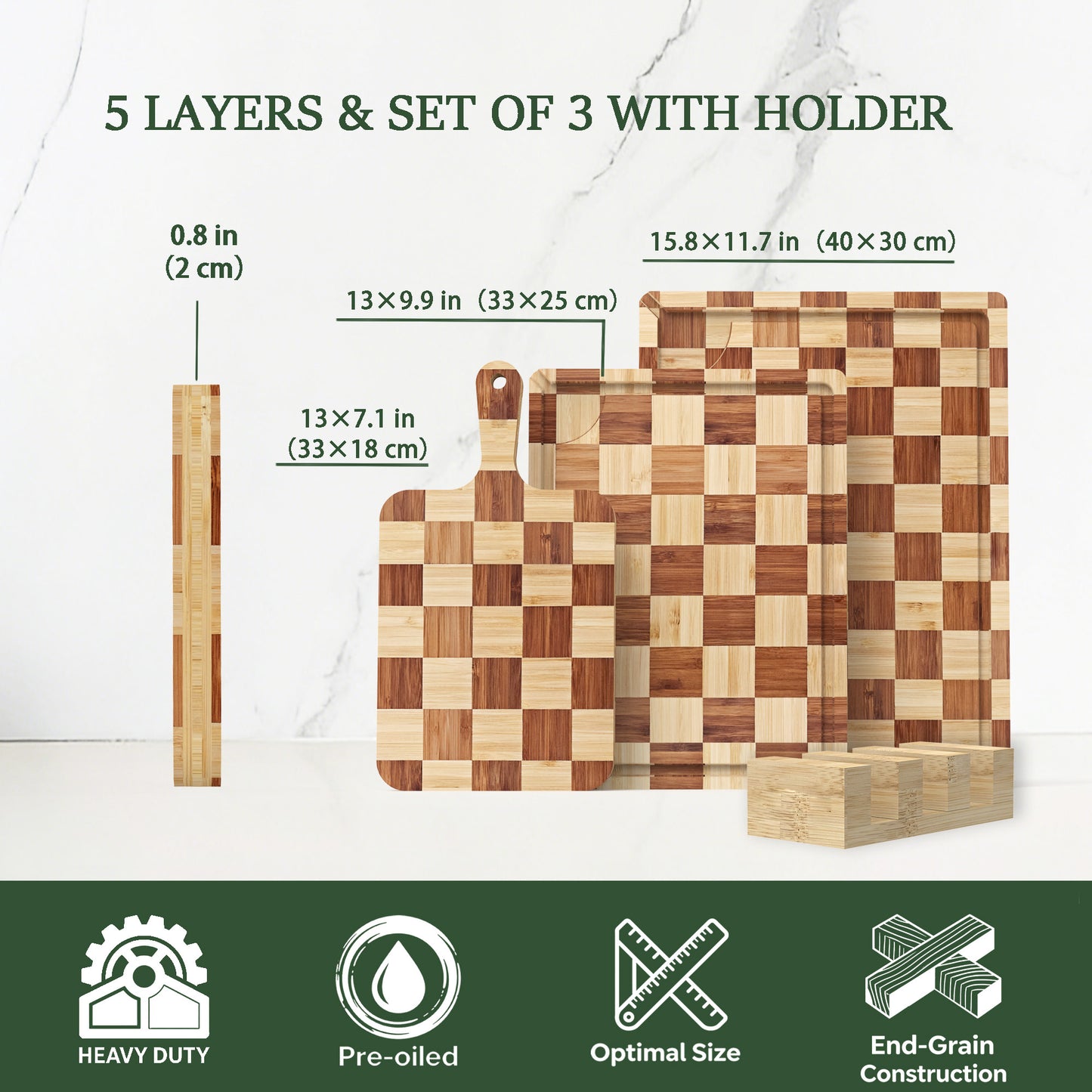 Cutting Board,Heavy Duty Cutting Board Set of 3 with Stand,End Grain Butcher Block Cutting Boards for Kitchen with Juice Grooves and Handles for Meat, Cheese, Charcuterie and Serving