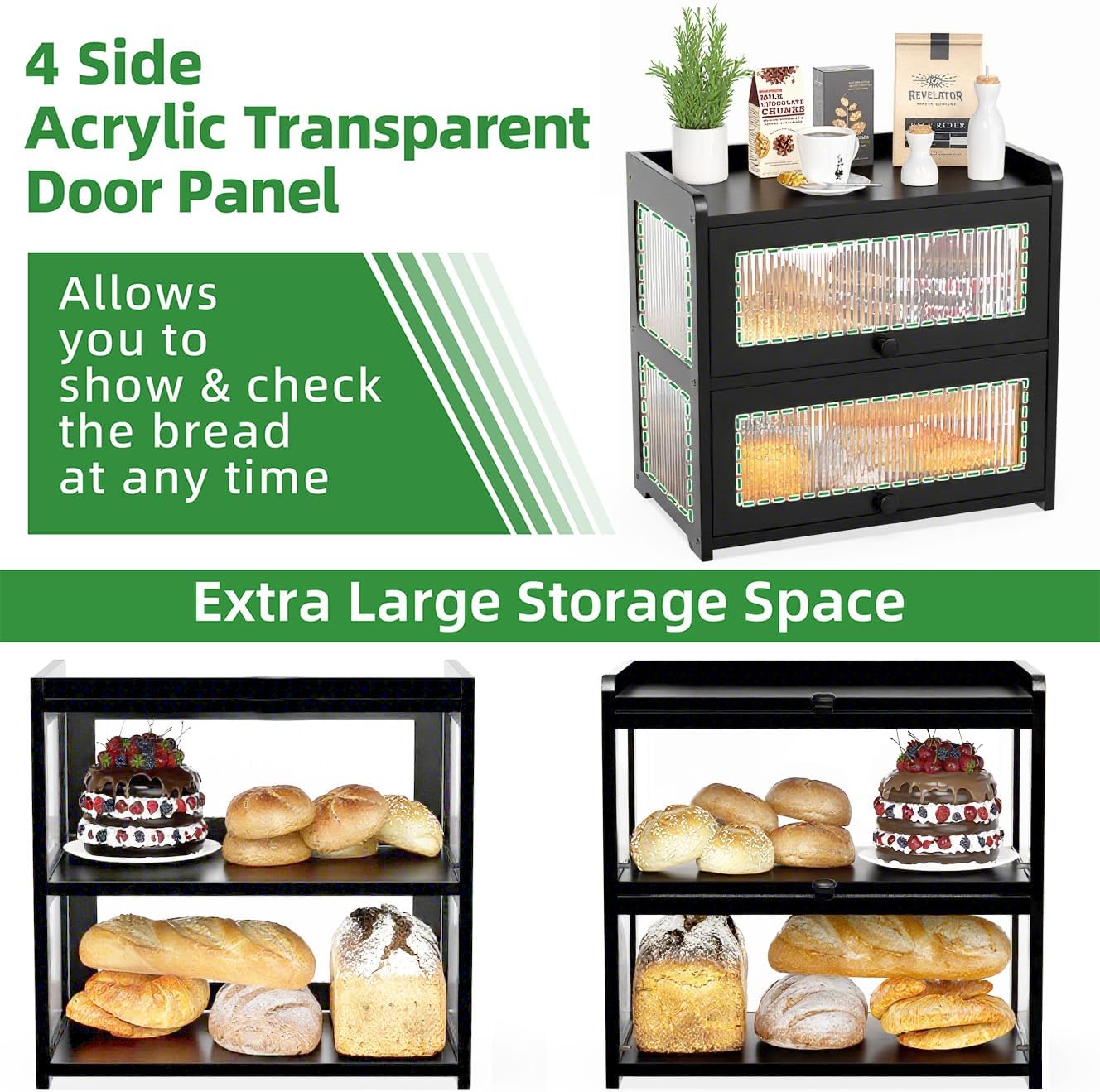 Extra Large Bamboo Bread Box for Kitchen Counter, Double Layer Bread Storage Container Farmhouse Bread Box with 4 Sides Transparency, Breadbox Bin Holder for Homemade Bread, Black