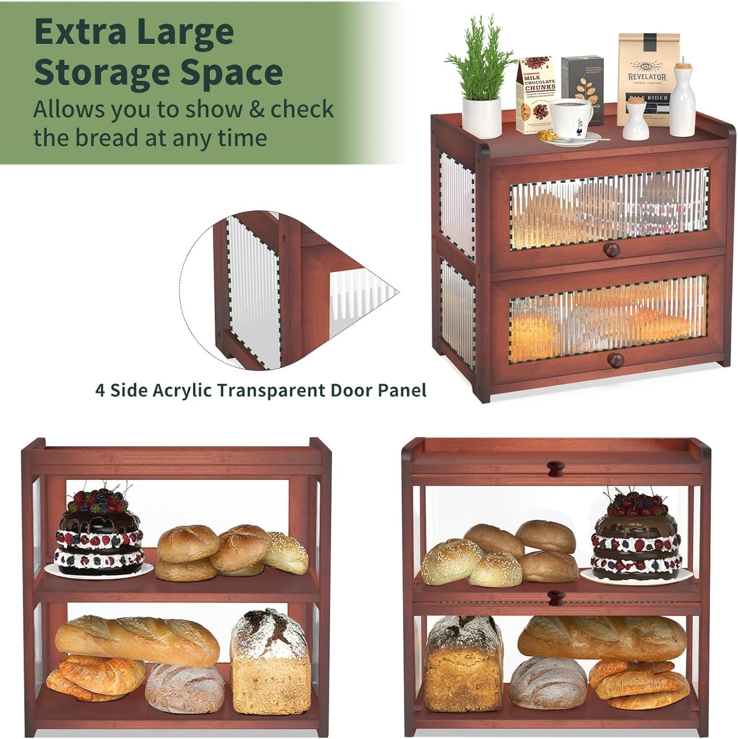 Extra Large Bamboo Bread Box for Kitchen Counter, Double Layer Bread Storage Container Farmhouse Bread Box with 4 Sides Transparency, Breadbox Bin Holder for Homemade Bread, Brown
