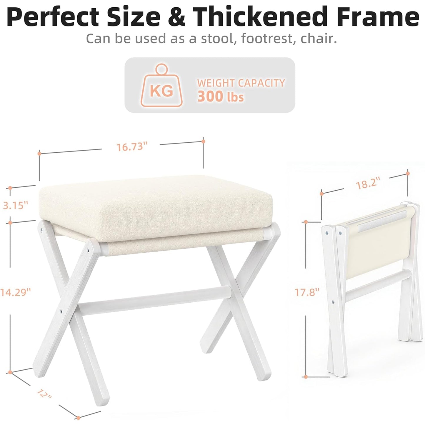 Foldable Foot Stool Ottoman, Modern Foot Rest with Bamboo X Legs & Thick Foam Cushion, Folding Foot Stools Small Padded for Bedroom Living Room, Footstool for Chair Couch (White - White)