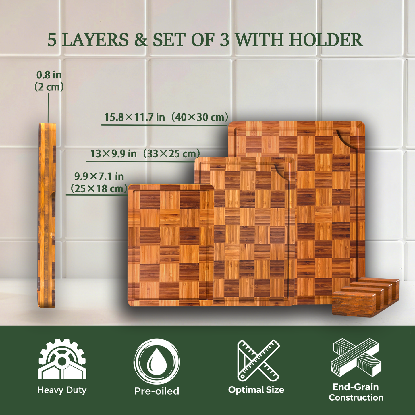 Cutting Board,Heavy Duty Cutting Board Set of 3 with Stand,End Grain Butcher Block Cutting Boards for Kitchen with Juice Grooves and Handles for Meat, Cheese, Charcuterie and Serving