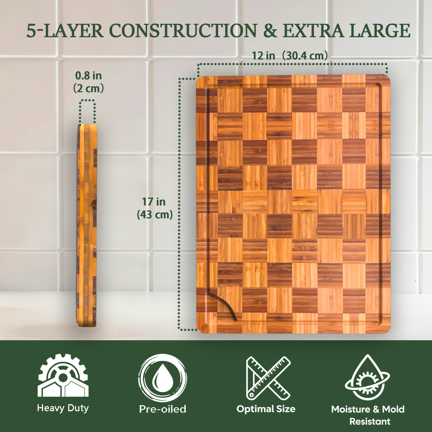 Bamboo Cutting Board 17" x 12", Heavy Duty Checkered End Grain Butcher Block for Kitchen with Deep Juice Grooves and Handles for Meat, Cheese, Charcuterie and Dough