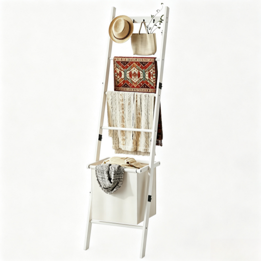 5-Tier Bamboo Blanket Ladder with Storage Basket - Wall-Leaning Quilt Rack & Towel Stand (White)