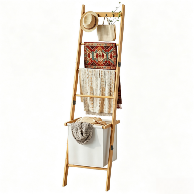 5-Tier Bamboo Blanket Ladder with Storage Basket - Wall-Leaning Quilt Rack & Towel Stand (Natural)