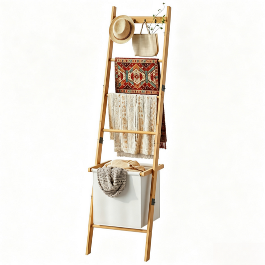 5-Tier Bamboo Blanket Ladder with Storage Basket - Wall-Leaning Quilt Rack & Towel Stand (Natural)