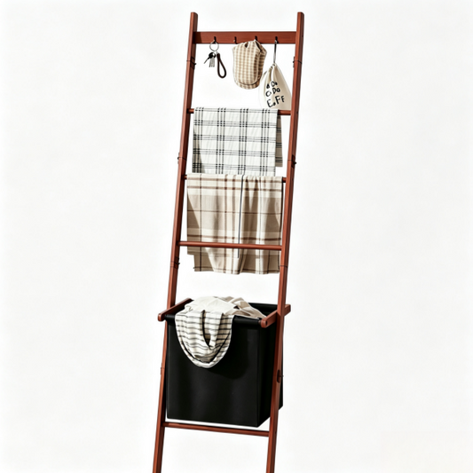 5-Tier Bamboo Blanket Ladder with Storage Basket - Wall-Leaning Quilt Rack & Towel Stand (Brown)