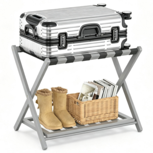 Bamboo Luggage Rack with Storage Shelf – Folding Suitcase Stand for Hotel and Guest Room (Gray)