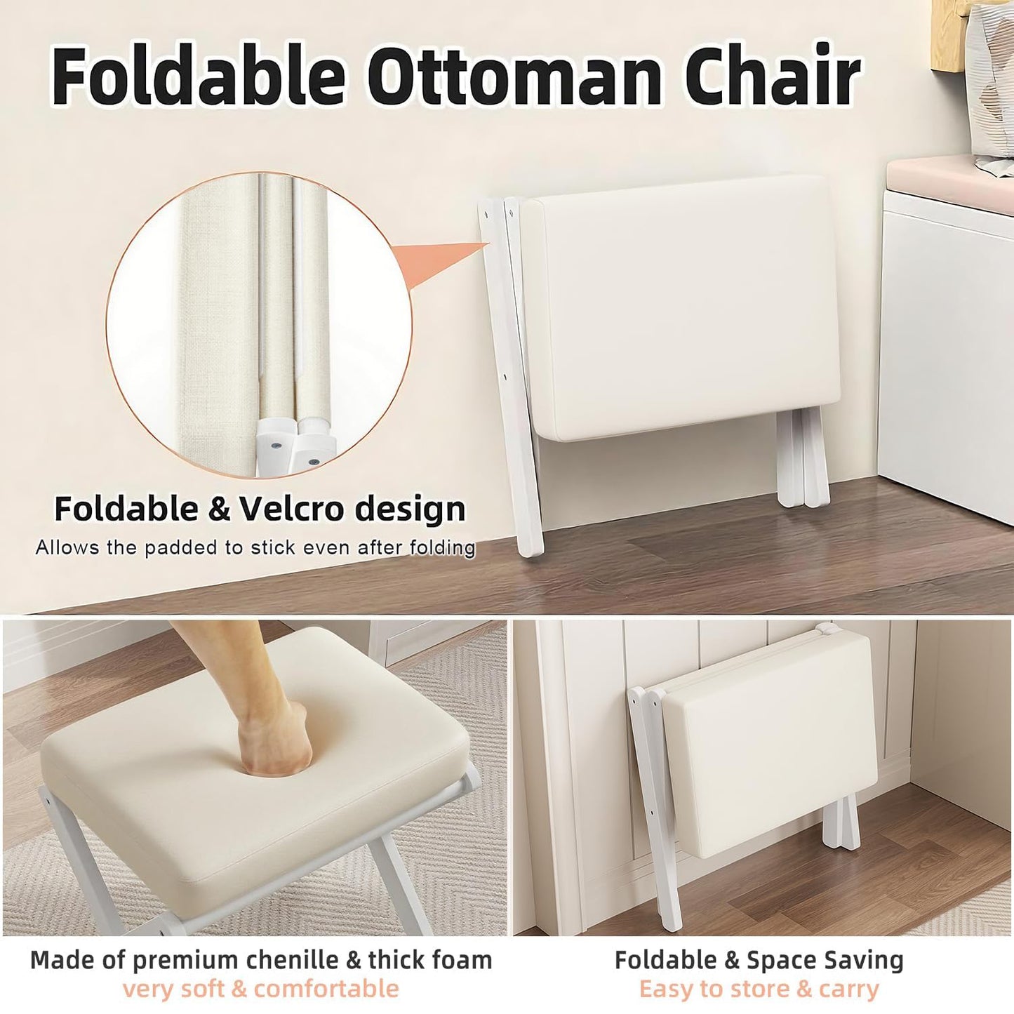 Foldable Foot Stool Ottoman, Modern Foot Rest with Bamboo X Legs & Thick Foam Cushion, Folding Foot Stools Small Padded for Bedroom Living Room, Footstool for Chair Couch (White - White)