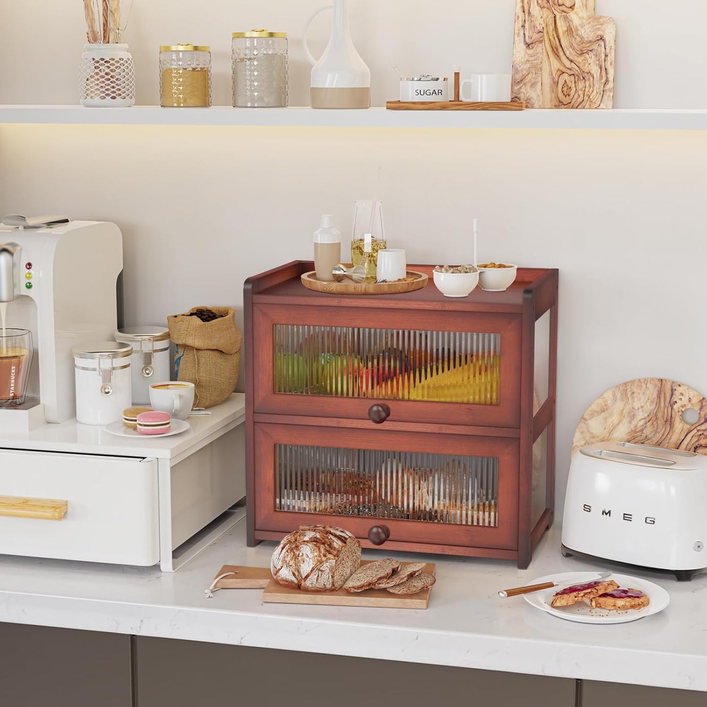 Extra Large Bamboo Bread Box for Kitchen Counter, Double Layer Bread Storage Container Farmhouse Bread Box with 4 Sides Transparency, Breadbox Bin Holder for Homemade Bread, Brown