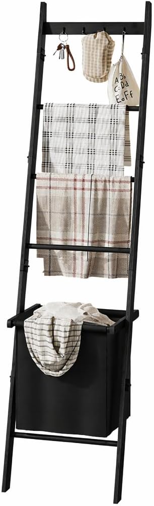 Bamboo Blanket Ladder with Basket, 5-Tier Quilt Rack Stand with 4 Hooks & Storage Hamper for Living Room Bathroom, Wall Leaning Decorative Ladder Shelf for Blankets Display (Brown)
