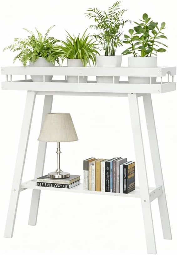 Bamboo Plant Stand Indoor, 2 Tier Small Plant Table, Tall Plant Stand for Indoor Plants, Window Sill Plant Shelf, Flower Pot Holder Plant Bench Plant Rack for Living Room, White
