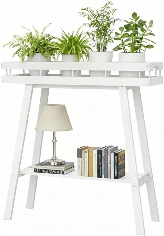 Bamboo Plant Stand Indoor, 2 Tier Small Plant Table, Tall Plant Stand for Indoor Plants, Window Sill Plant Shelf, Flower Pot Holder Plant Bench Plant Rack for Living Room, White