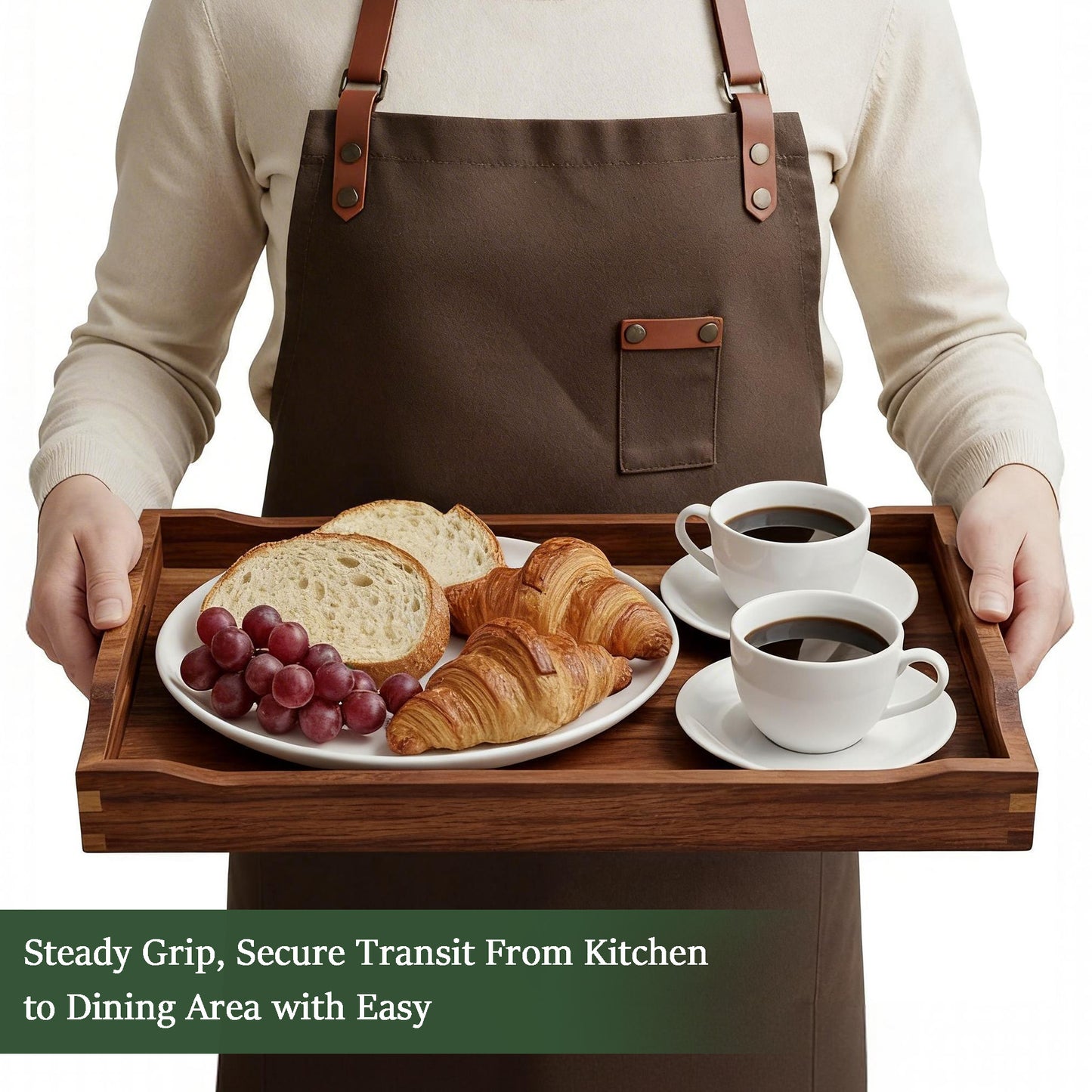 Acacia Wood Serving Tray with Handles, Rectangular Wooden Ottoman Tray for Coffee Table, Breakfast in Bed, Drinks, Kitchen Countertop and Home Decor