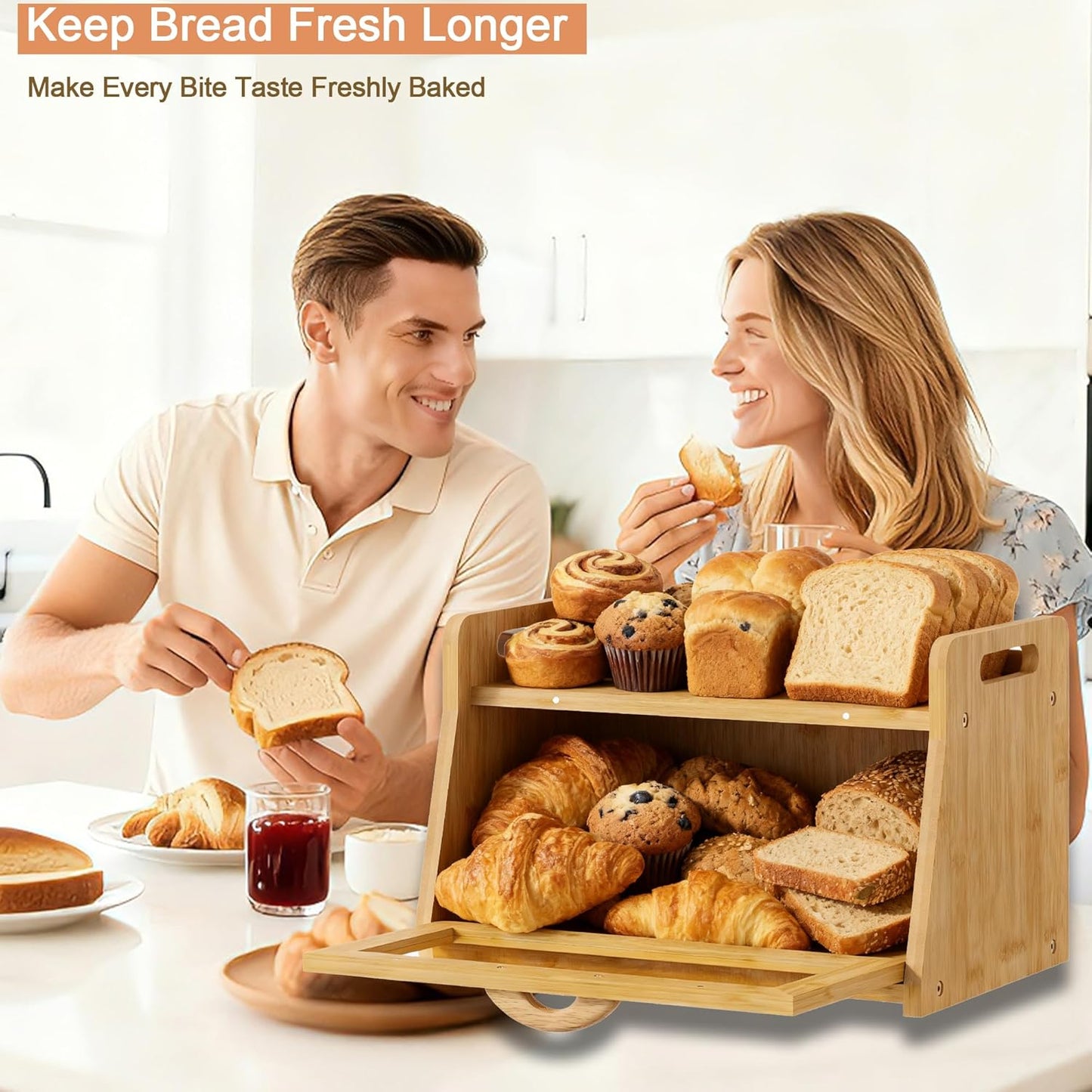 Extra Large Bread Box, Bread Box for Homemade Bread, Bamboo Wooden Bread Storage Container with Tool Holder & Handles & Window, Assembly Required(14.9" x 9.8" x 9.4") Natural