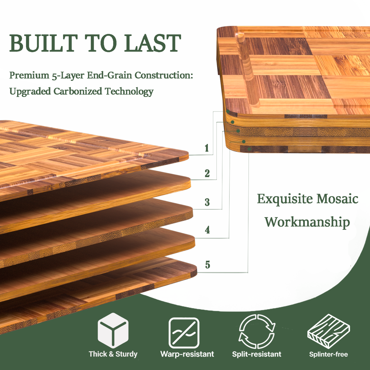 Bamboo Cutting Board 17" x 12", Heavy Duty Checkered End Grain Butcher Block for Kitchen with Deep Juice Grooves and Handles for Meat, Cheese, Charcuterie and Dough