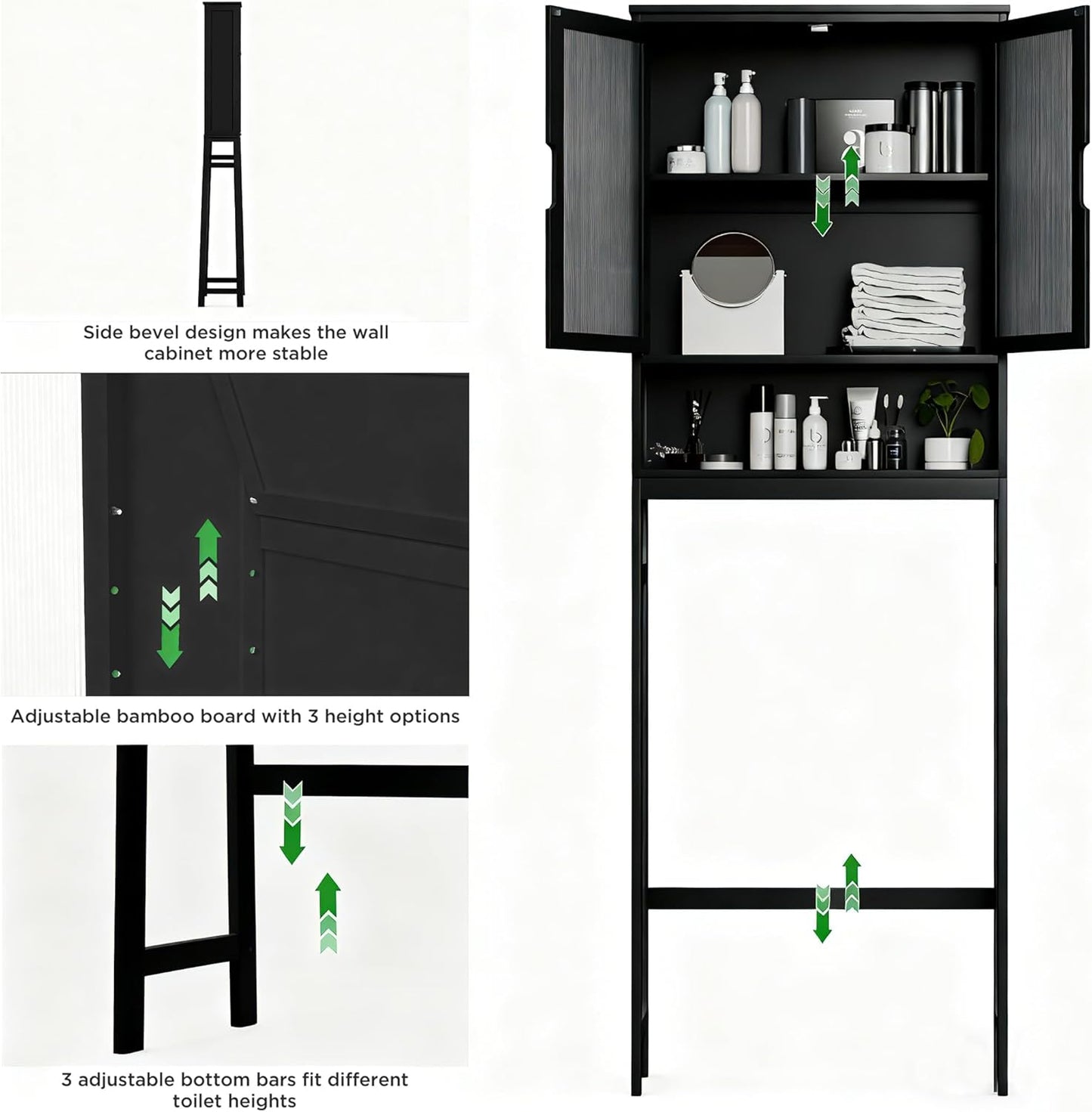 Over The Toilet Storage Cabinet, Bamboo Bathroom Over Toilet Storage Organizer with Adjustable Shelves and Double Doors, Above Toilet Storage Cabinet (Black)