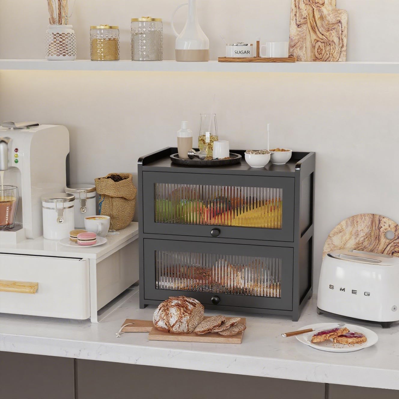 Extra Large Bamboo Bread Box for Kitchen Counter, Double Layer Bread Storage Container Farmhouse Bread Box with 4 Sides Transparency, Breadbox Bin Holder for Homemade Bread, Black