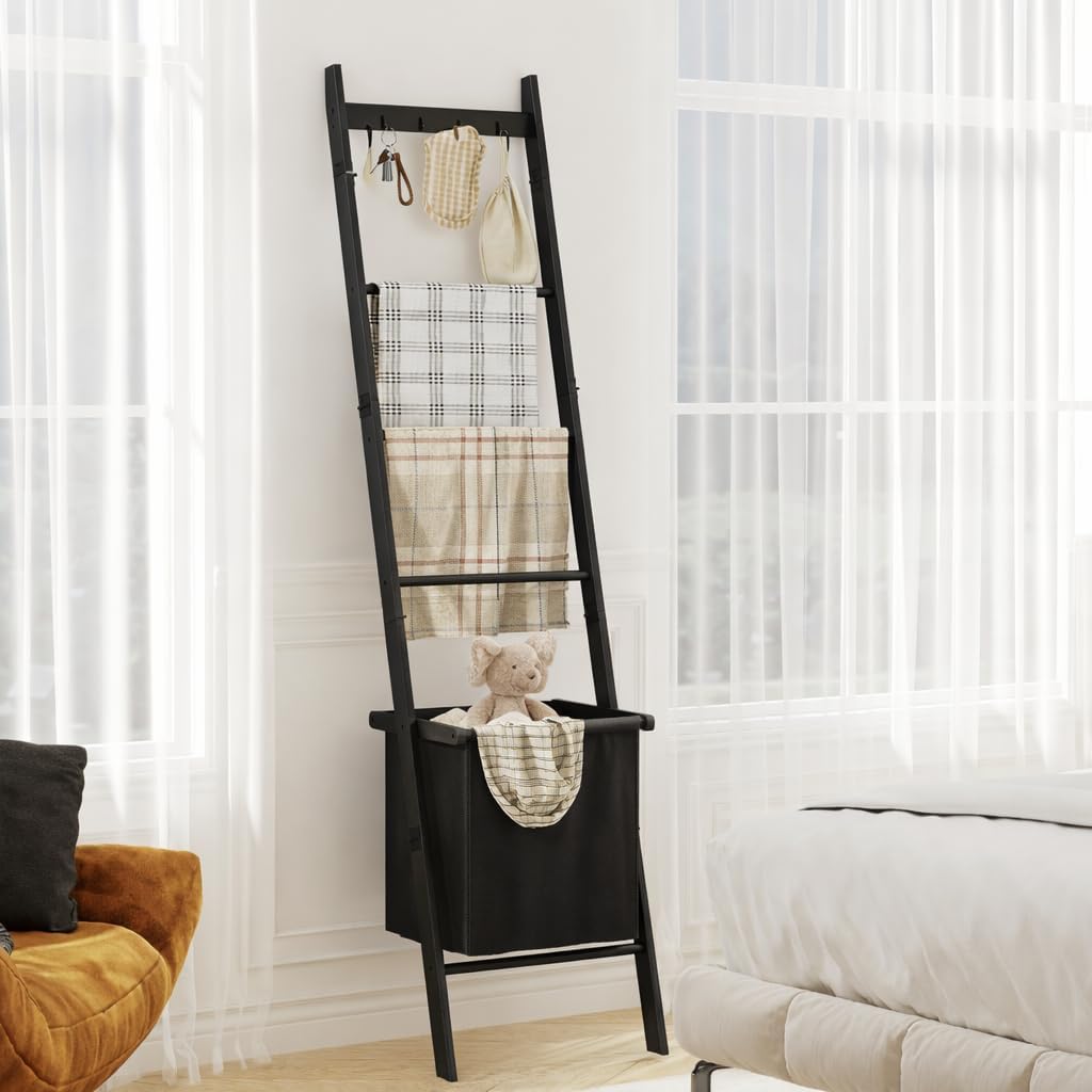 Bamboo Blanket Ladder with Basket, 5-Tier Quilt Rack Stand with 4 Hooks & Storage Hamper for Living Room Bathroom, Wall Leaning Decorative Ladder Shelf for Blankets Display (Brown)