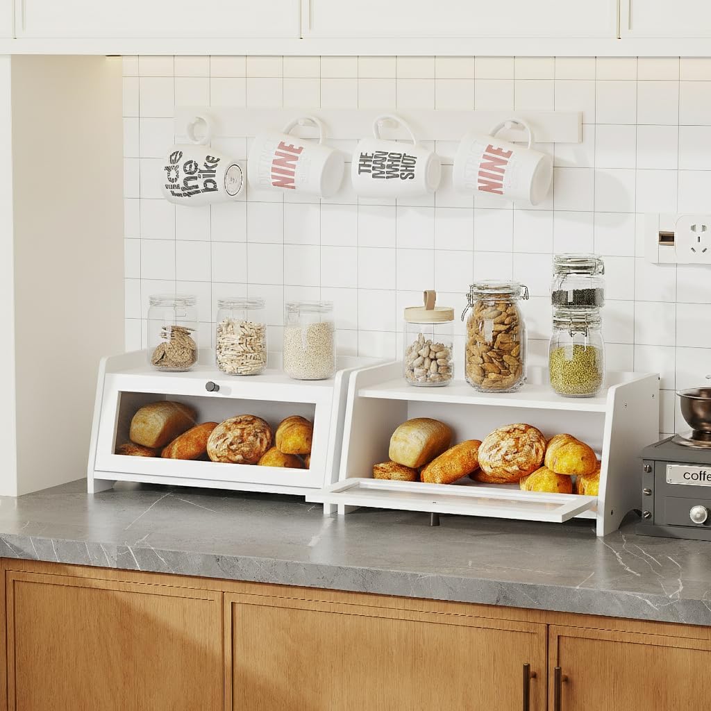 Bread Box for Kitchen Countertop, Bamboo Bread Box for Homemade Bread, Wooden Farmhouse Bread Storage Container, Small Breadbox Bread Bin Organizer for Counter Cabinet Pantry, White