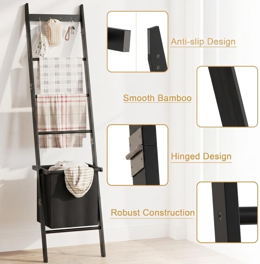 Bamboo Blanket Ladder with Basket, 5-Tier Quilt Rack Stand with 4 Hooks & Storage Hamper for Living Room Bathroom, Wall Leaning Decorative Ladder Shelf for Blankets Display (Brown)
